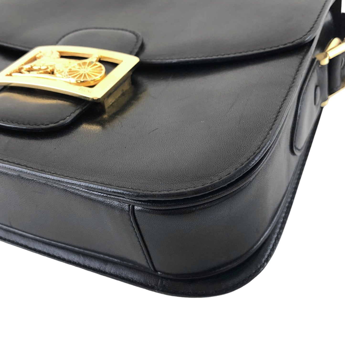 CELINE Horse Carriage Leather Shoulder bag Black Vintage w34jkd