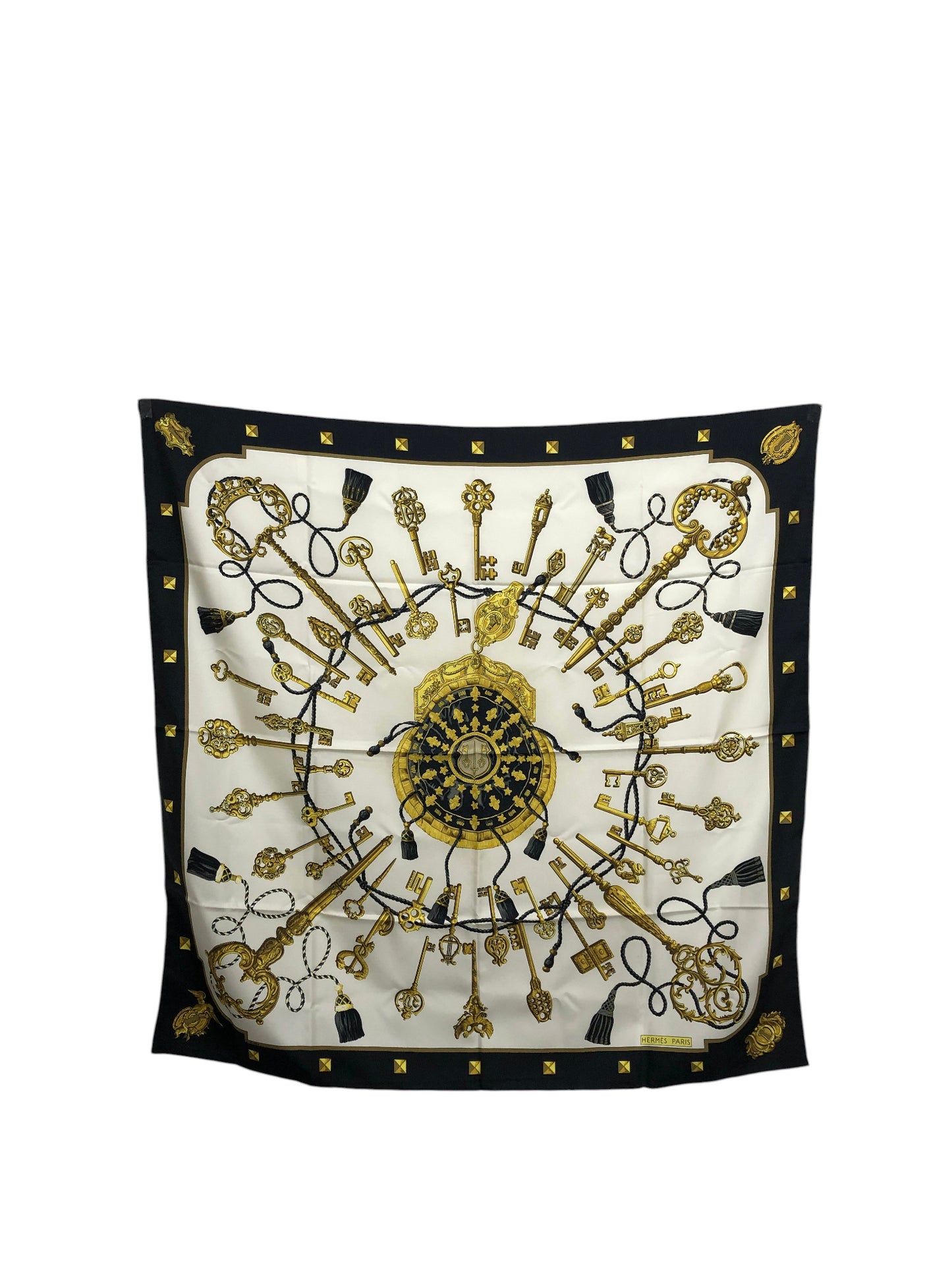 HERMES SILK Scarf Black×White Les Cles Vintage 8nc25h