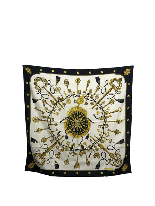 HERMES SILK Scarf Black×White Les Cles Vintage 8nc25h