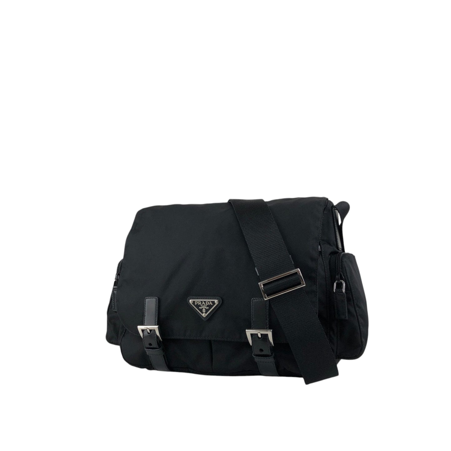 PRADA Tessuto Triangle Logo Front Buckle Double Pocket Shoulder bag Black Vintage yejdb4
