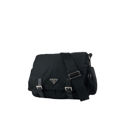 PRADA Tessuto Triangle Logo Front Buckle Double Pocket Shoulder bag Black Vintage yejdb4