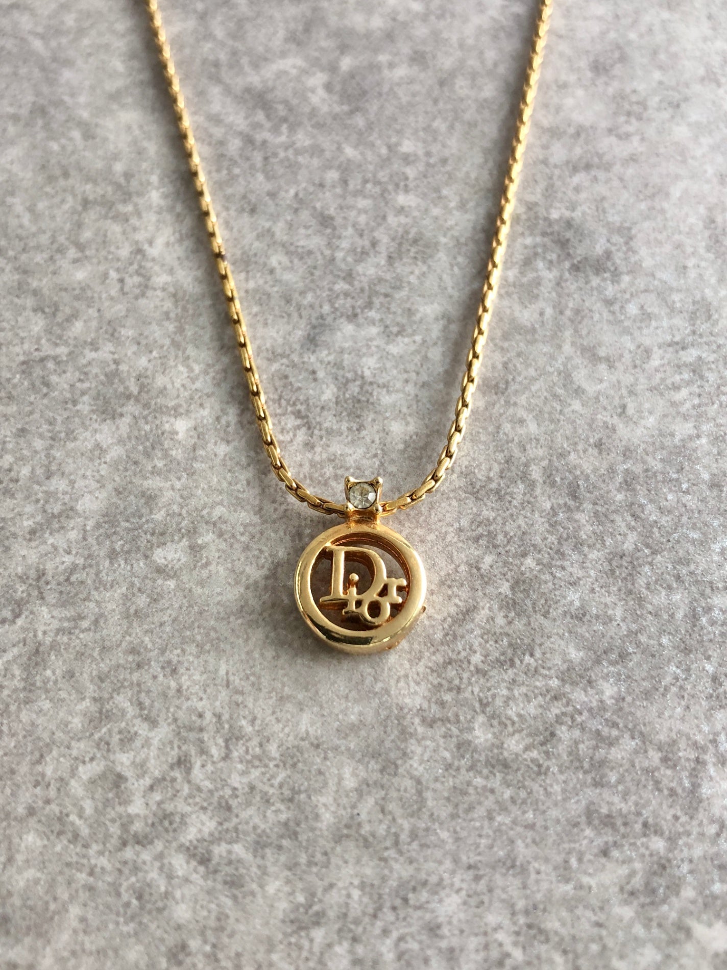 Christian Dior Logo Motif Rhinestone Necklace Gold Vintage 7ghskj