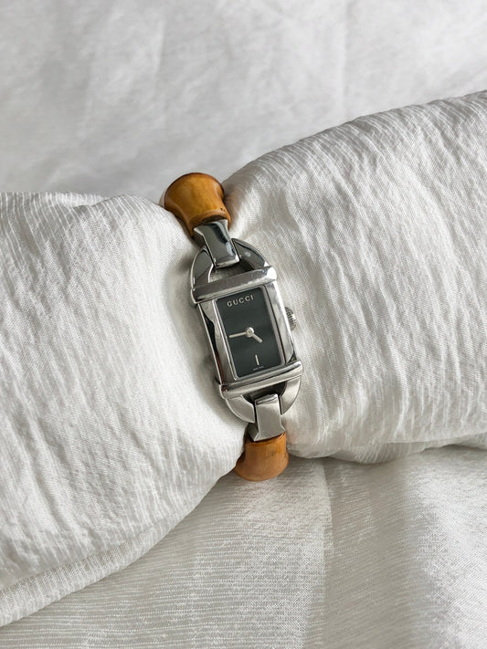 GUCCI Bamboo Quartz Watch Silver×Brown 6800L Vintage 3iryj8