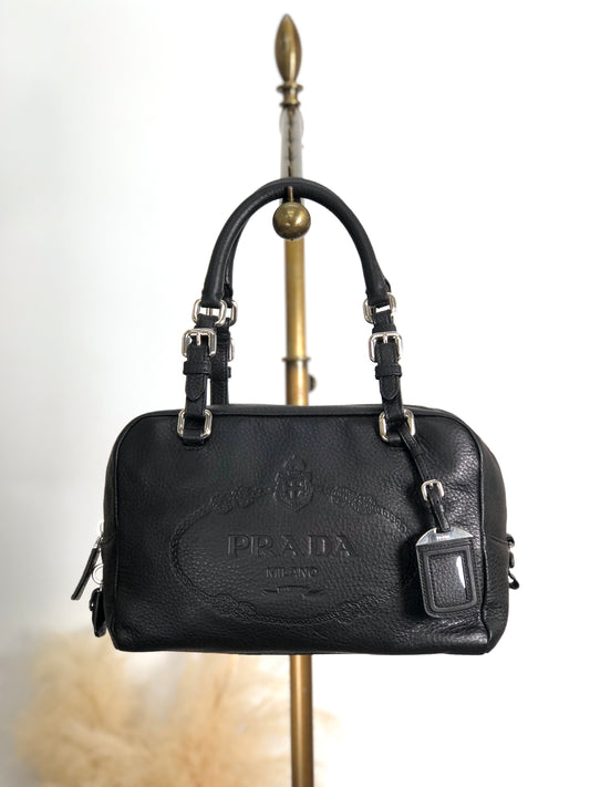 PRADA Logo Embossed Small Boston bag Handbag Black Vintage sdau3h