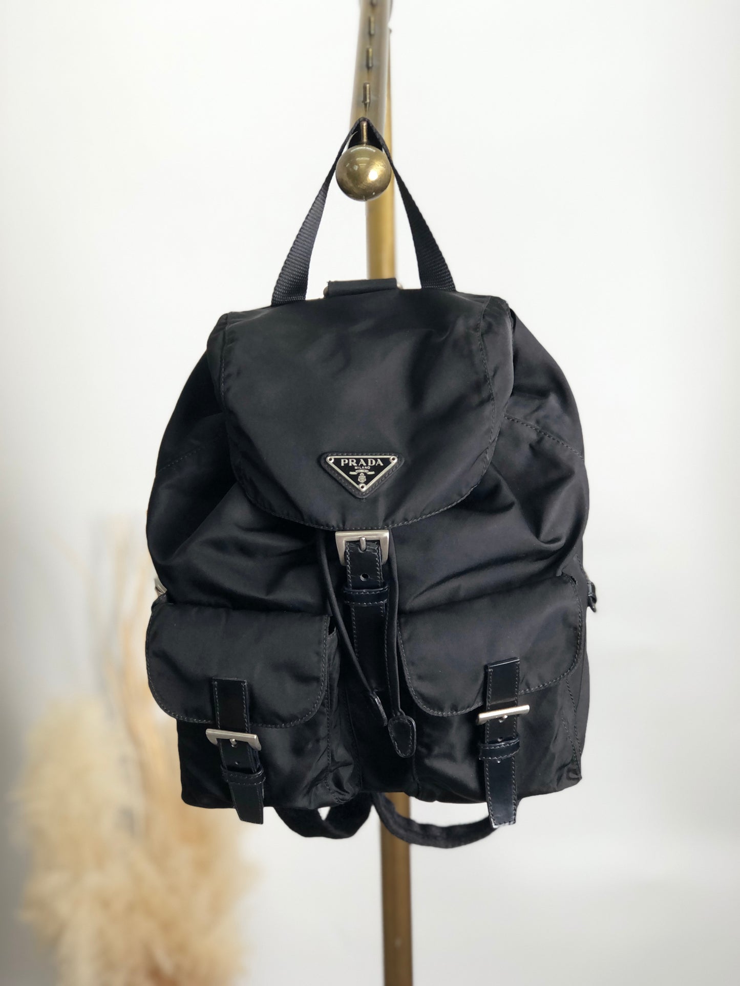 PRADA Triangle Logo Double Pocket Backpack Black Vintage yknjwi