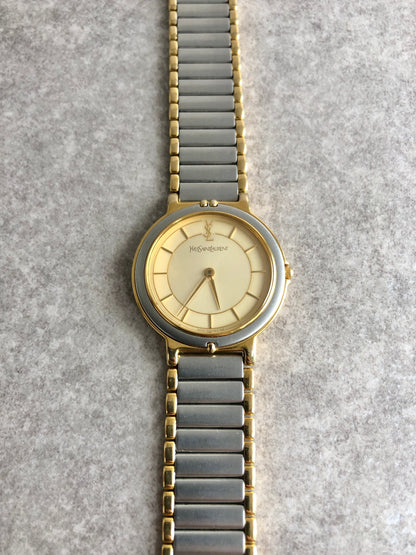 Yves Saint Laurent YSL Logo Quartz Watch Silver×Gold 4620-E62267Y Vintage ehmzr7