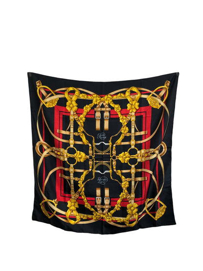 HERMES SILK Scarf Black×Gold grand manege Vintage bz5cun