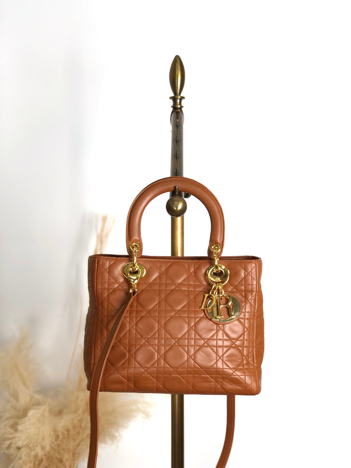 Christian Dior Lady Dior Cannage Logo Charm Two-way Handbag Shoulder bag Brown Vintage 5n4tvr