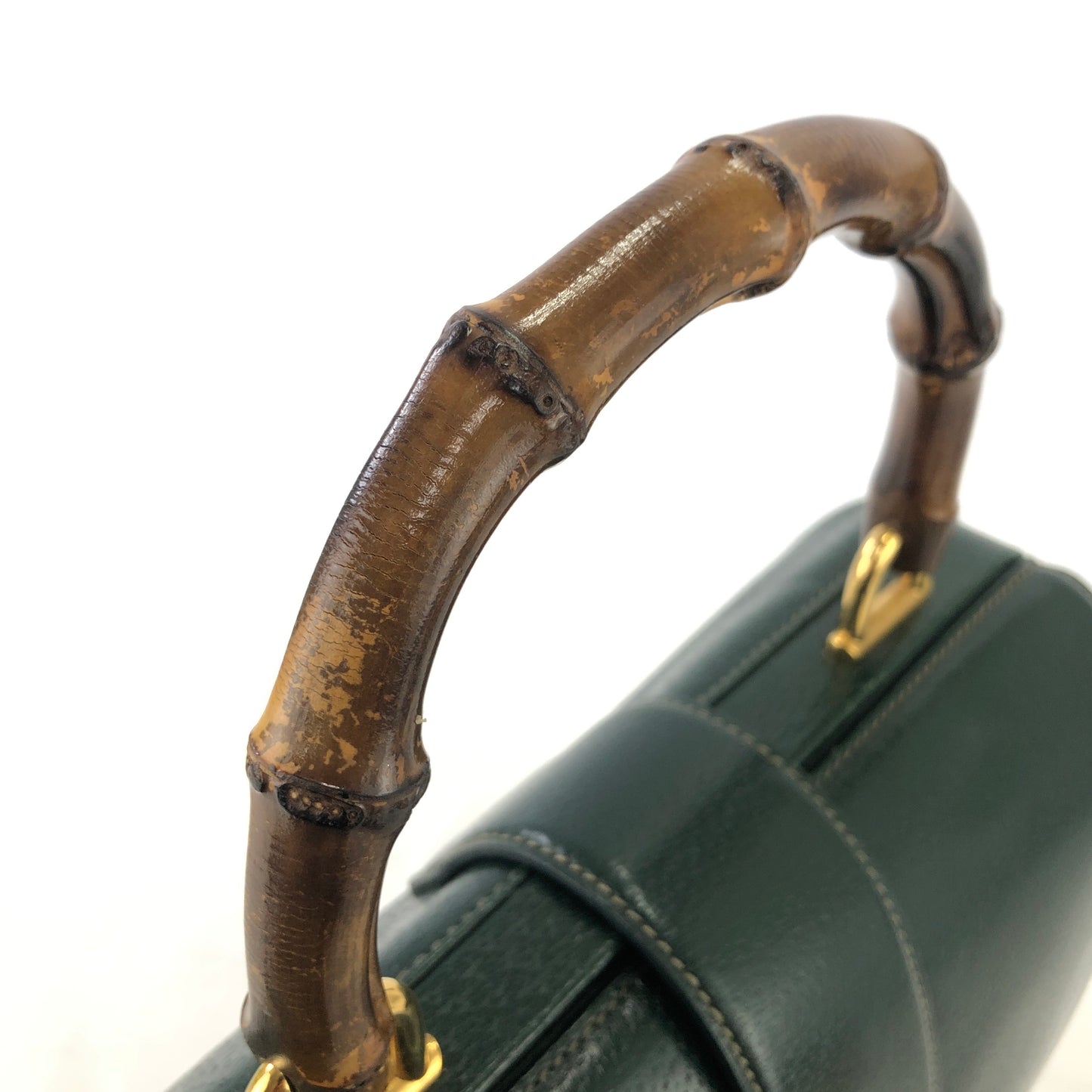 GUCCI Bamboo Turn Lock Leather Handbag Green Vintage f6cmiy