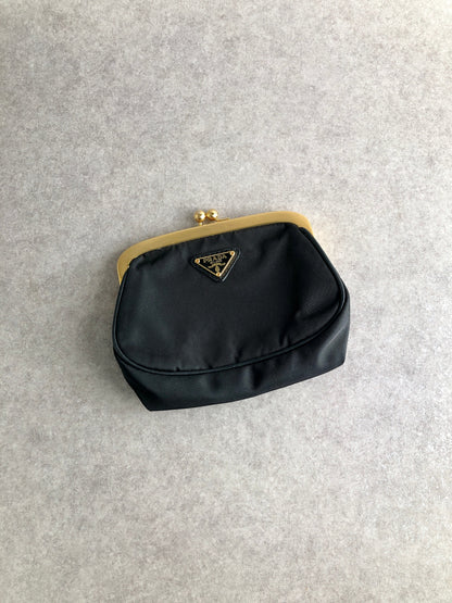 PRADA Triangle Logo Metal Clasp Coin Purse Black Vintage r68kmf