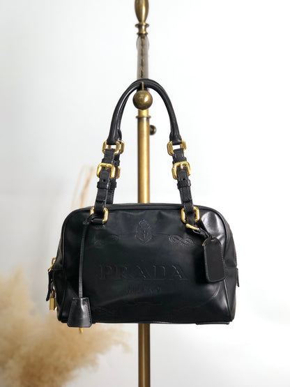 PRADA Logo Embossed Handbag Boston bag Black Vintage nfyku6