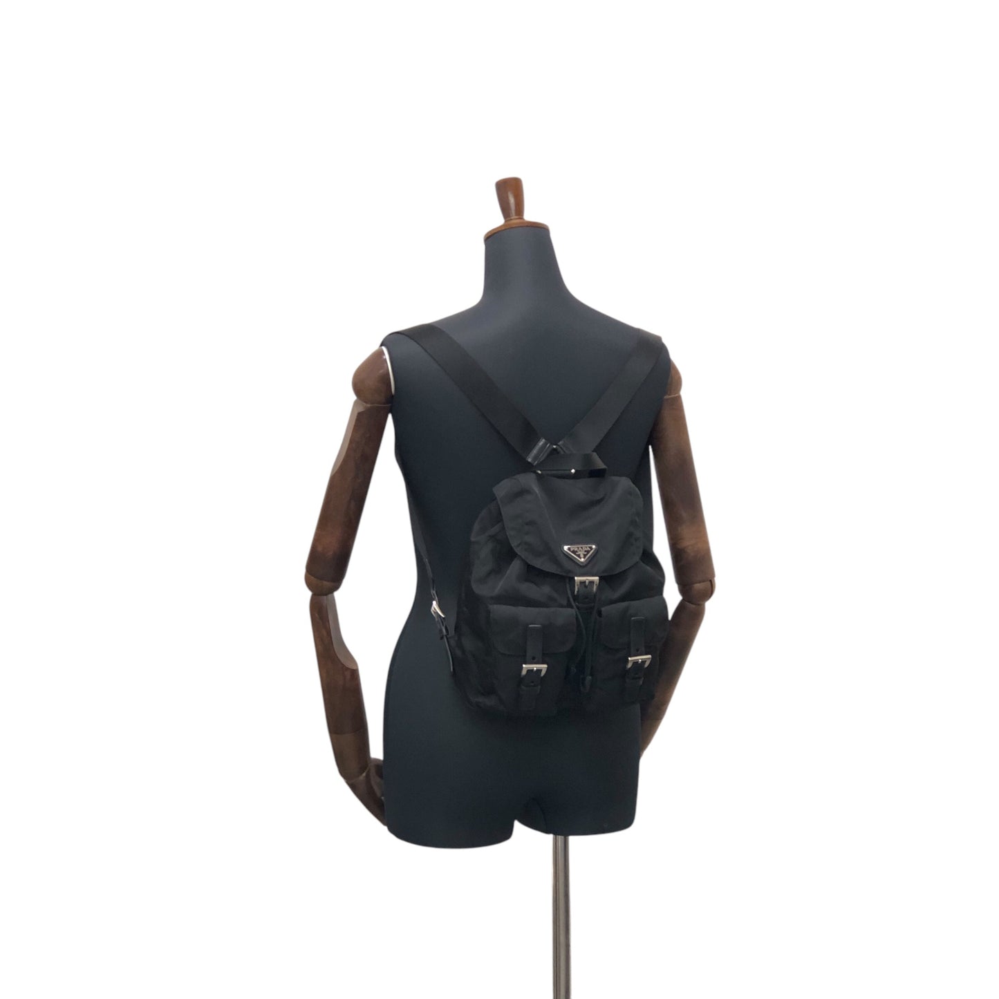 PRADA Triangle Logo Double Pocket Backpack Black Vintage ipfw4s