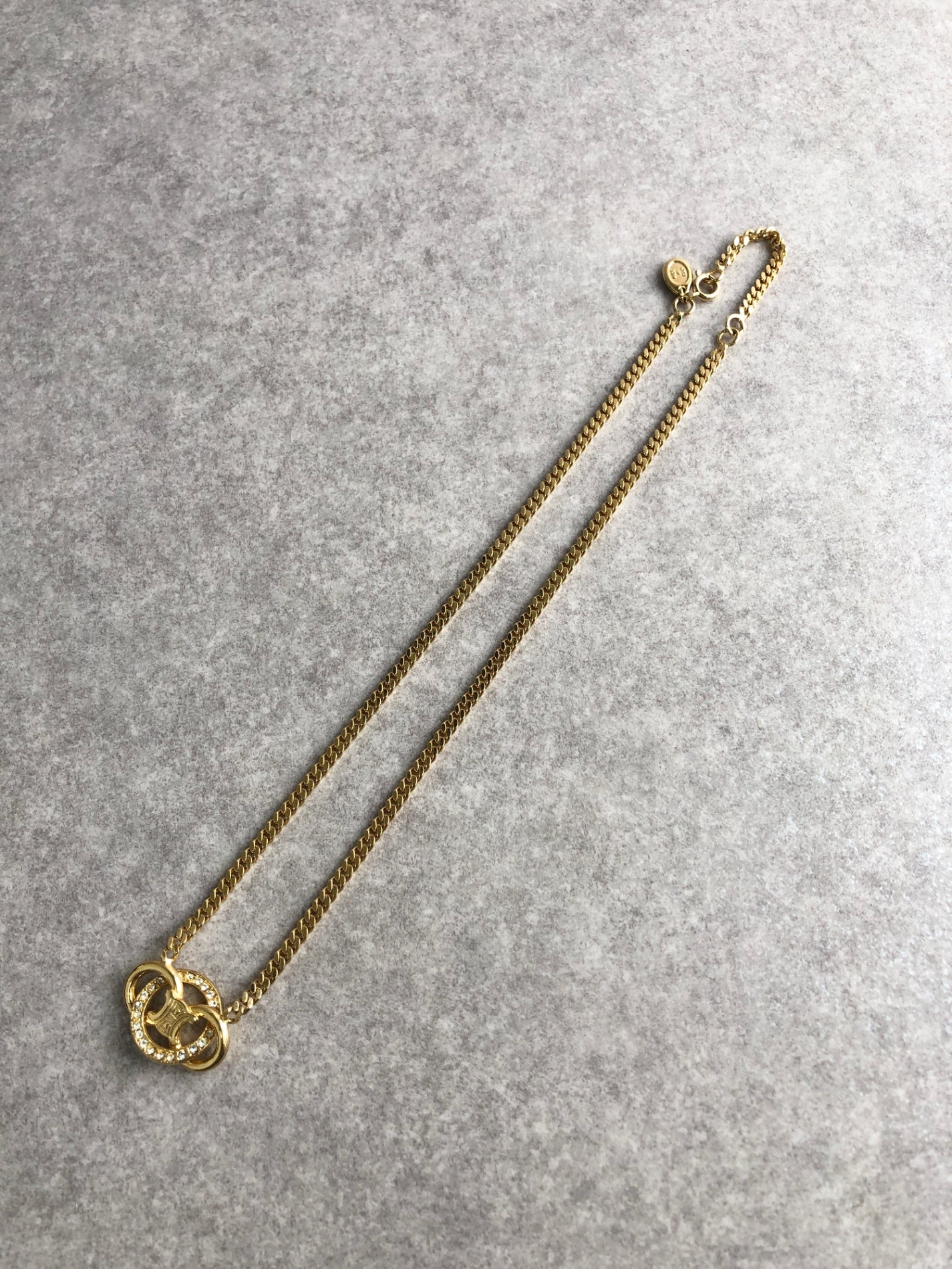 CELINE Blason Rhinestone Necklace Gold Vintage jghz4v