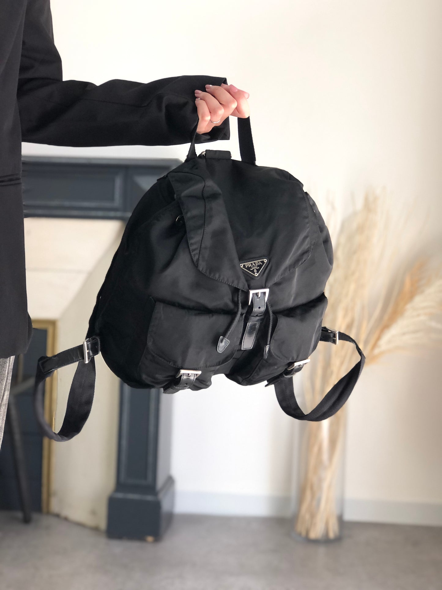 PRADA Tessuto Triangle Logo Double Pocket  Backpack Black Vintage 3pvjac