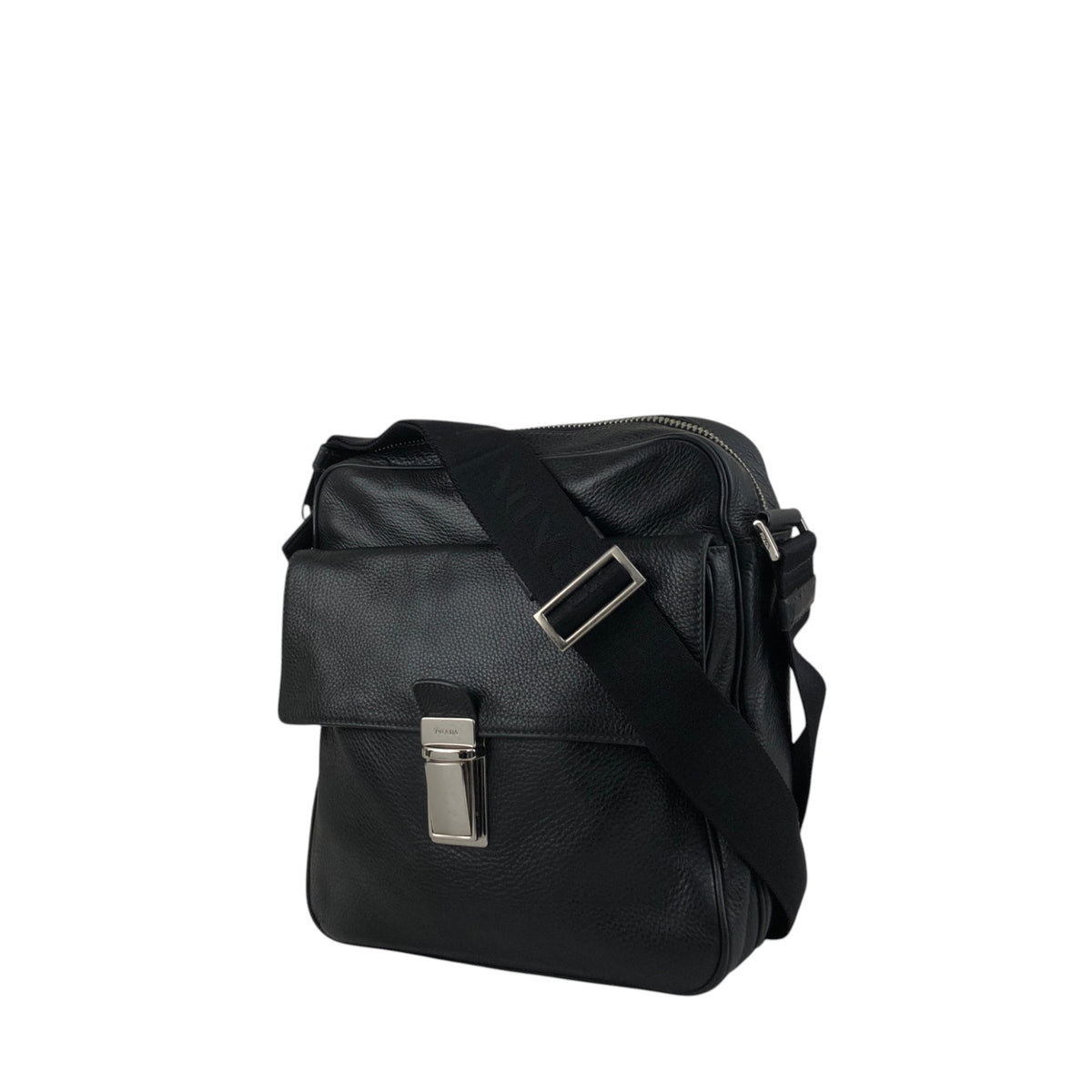 PRADA Triangle Logo Front Buckle Front Pocket Shoulder bag Black Vintage fg3jes