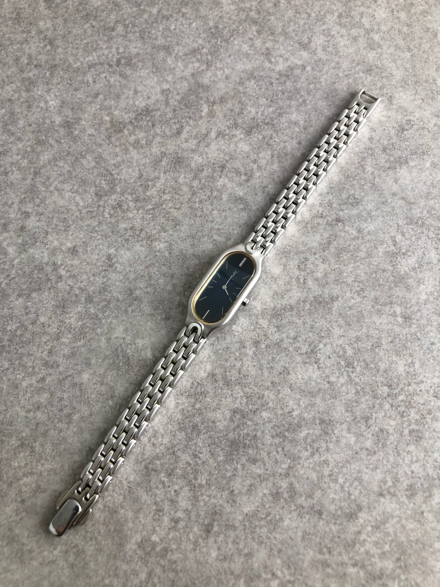 Yves Saint Laurent YSL Logo Quartz Watch Silver×Blue 5421-H08118 Vintage wiaeny