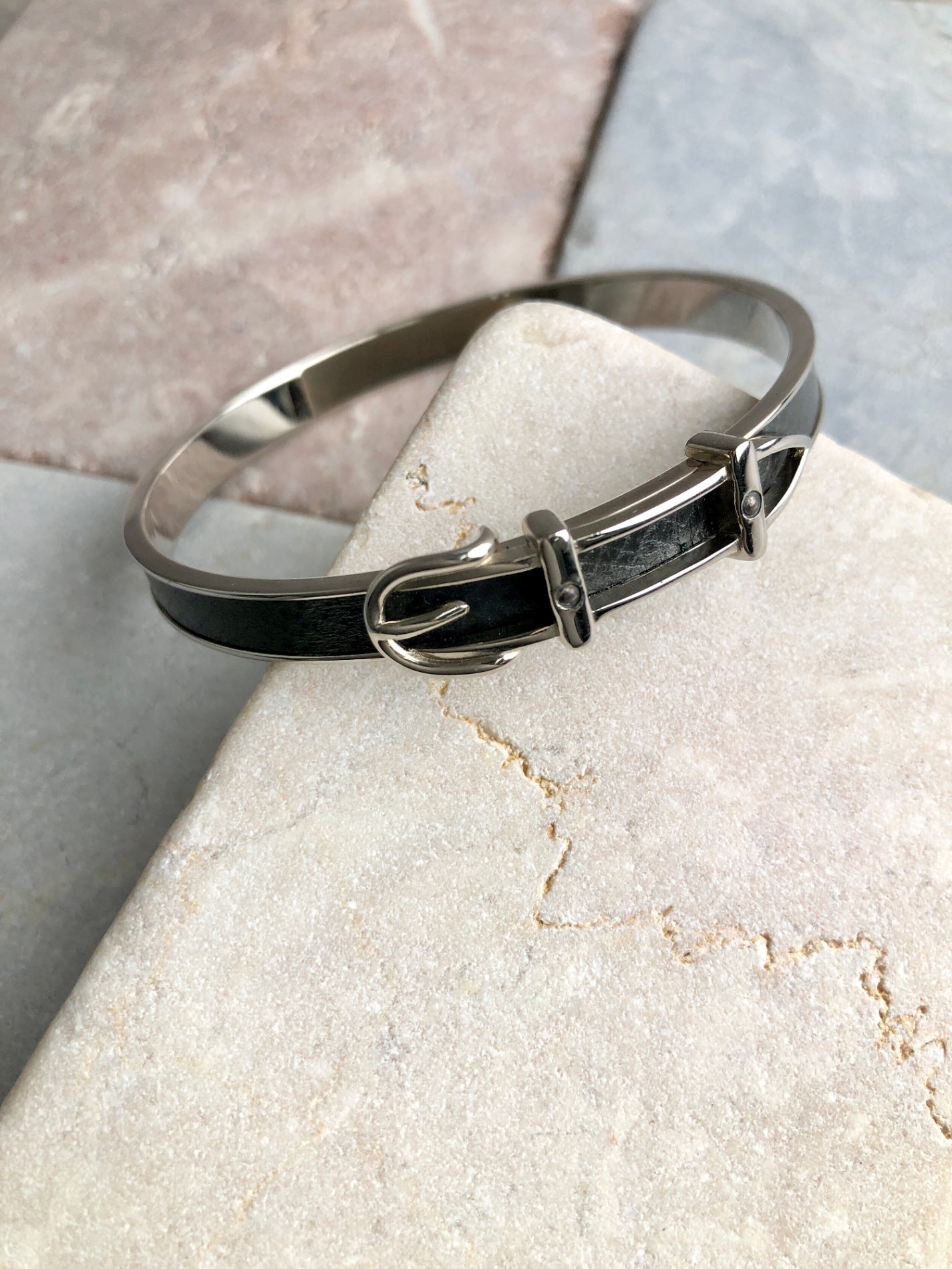 HERMES Belt Motif Bangle Black×Silver Vintage 3yap7t