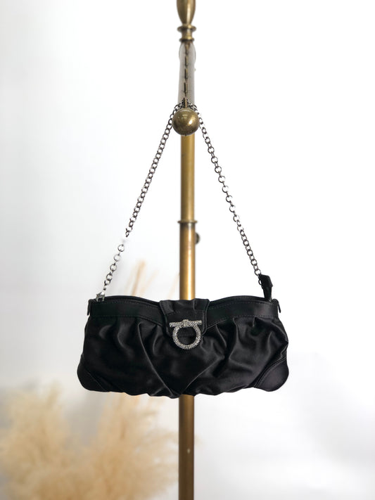 Salvatore Ferragamo Gancini Rhinestone Chain Shoulder bag Black Vintage nibfdw
