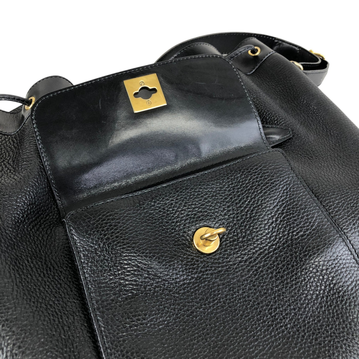 CELINE Gancini Front Pocket Drawstring Shoulder bag Black Vintage 3gt2jh