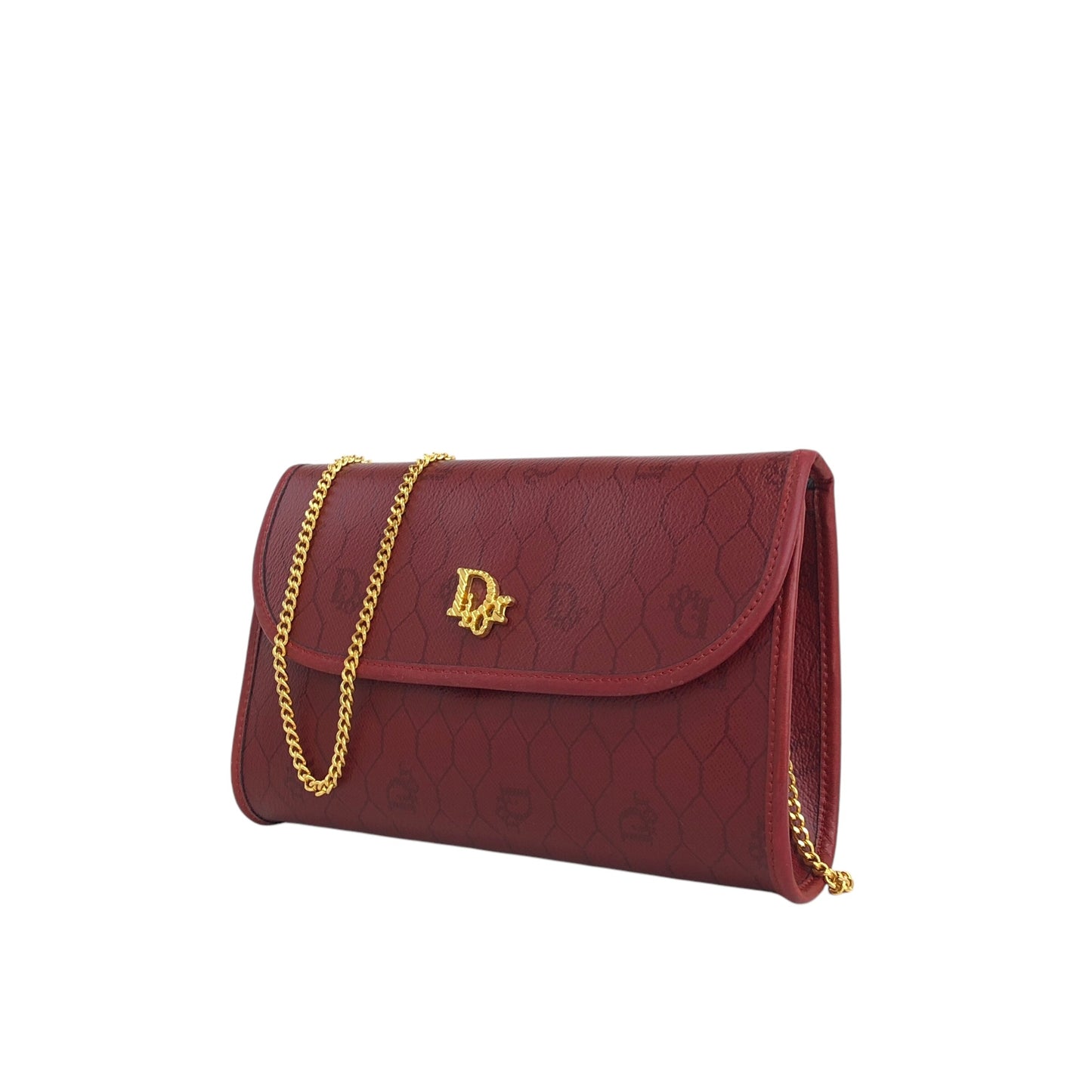 Christian Dior Honeycomb Pattern Logo Chain Shoulder bag Red Vintage u8temv