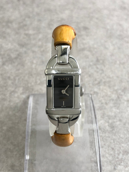 GUCCI Bamboo Quartz Watch Silver×Brown 6800L Vintage 3iryj8