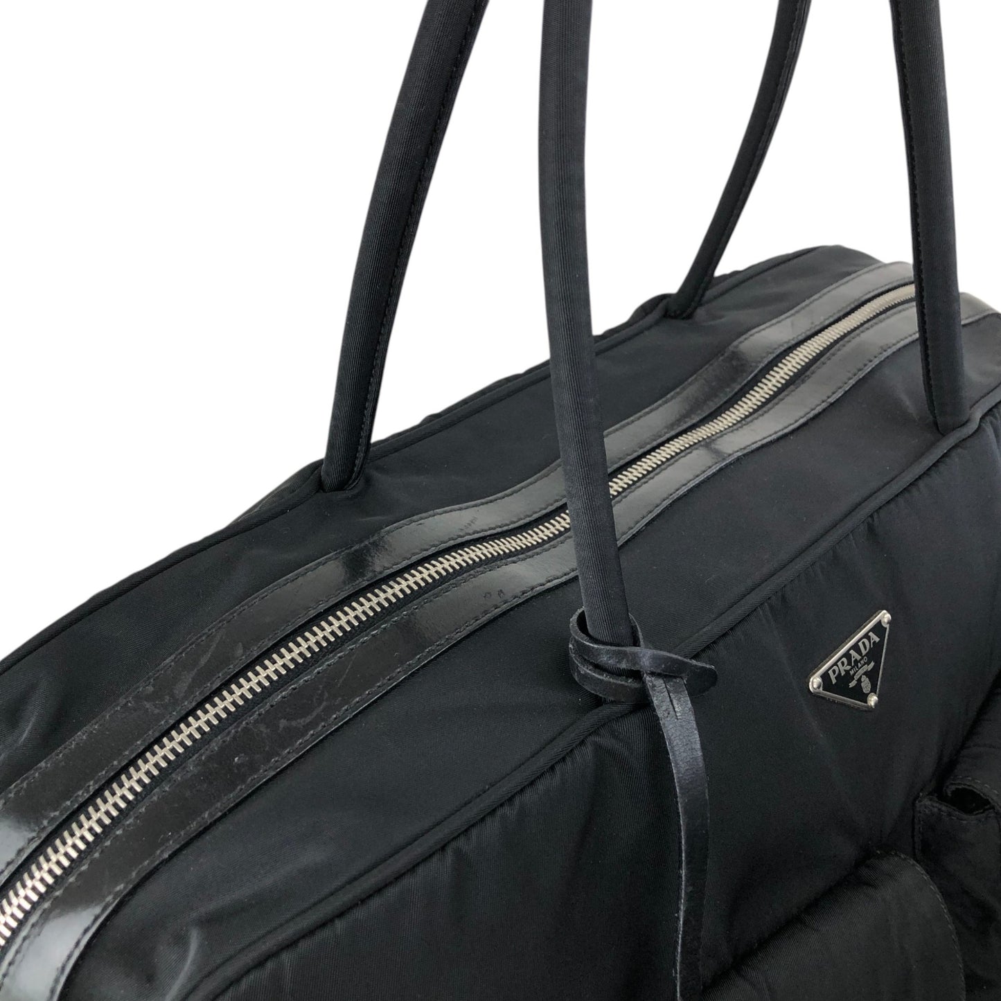 PRADA Tessuto Triangle Logo Double Pocket Handbag Boston bag Black Vintage 84gcbc