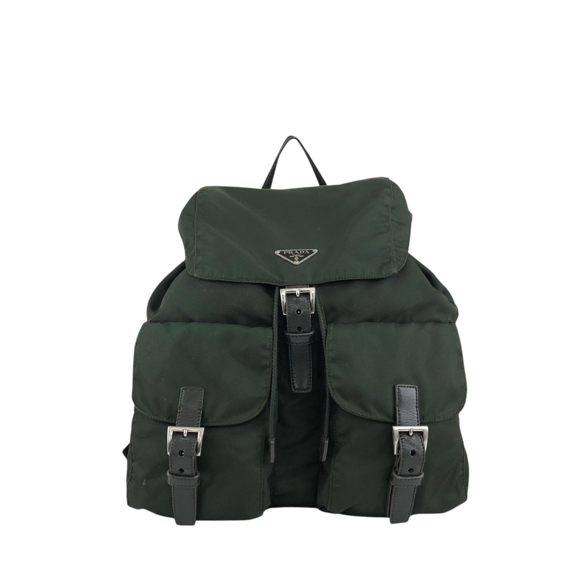 PRADA Triangle Logo Double Pocket Backpack Green Vintage PRADA Triangle Logo Double Pocket Backpack Green Vintage