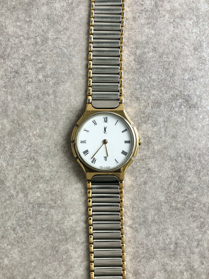 Yves Saint Laurent YSL Logo Quartz Watch Silver×Gold 291842 Vintage jav7in