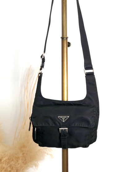 PRADA Tessuto Triangle Logo Front Buckle Shoulder bag Black Vintage 3ce7c7