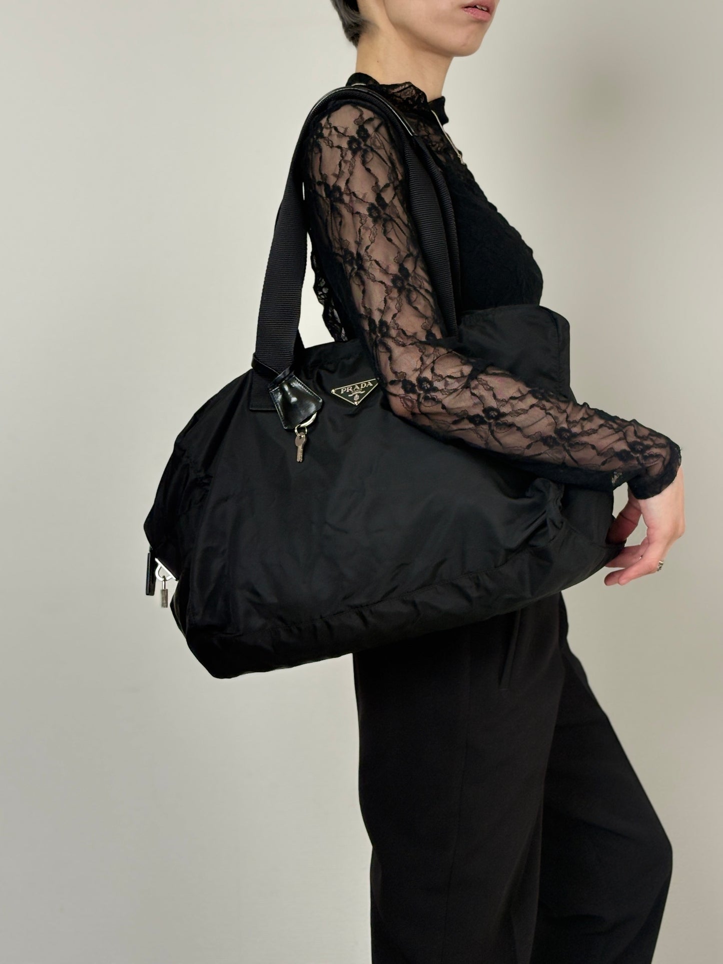 PRADA Tessuto Triangle Logo Boston bag Black Vintage utr82b