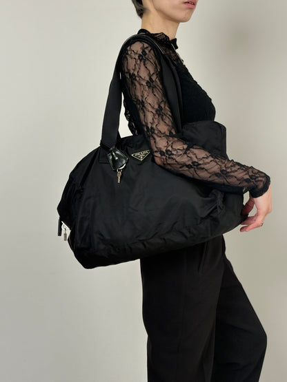 PRADA Tessuto Triangle Logo Boston bag Black Vintage utr82b