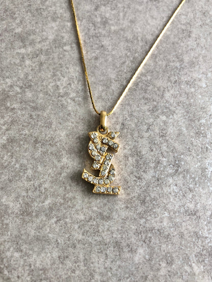Yves Saint Laurent YSL Logo Rhinestone Necklace Gold Vintage mgyvm5