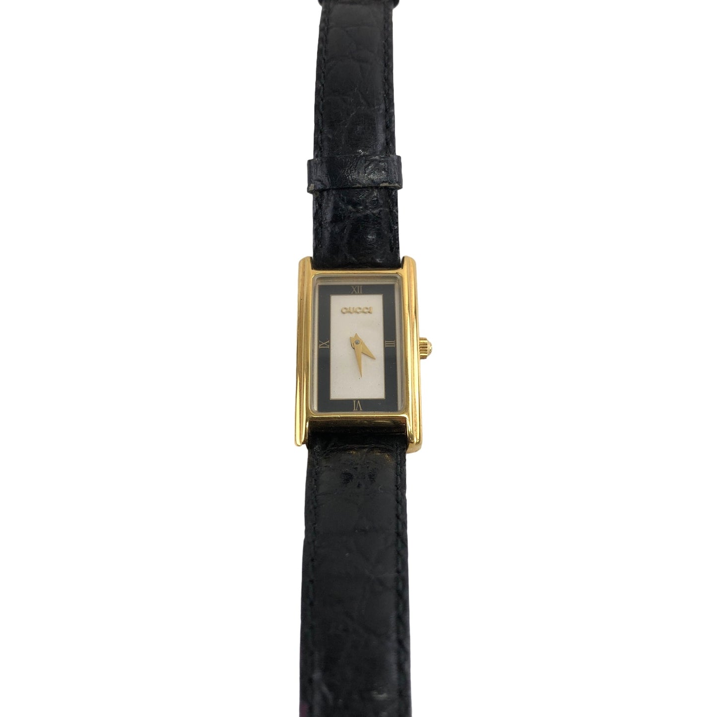 GUCCI Crocodile Embossed Leather Watch Black×Gold Vintage 3m6mys