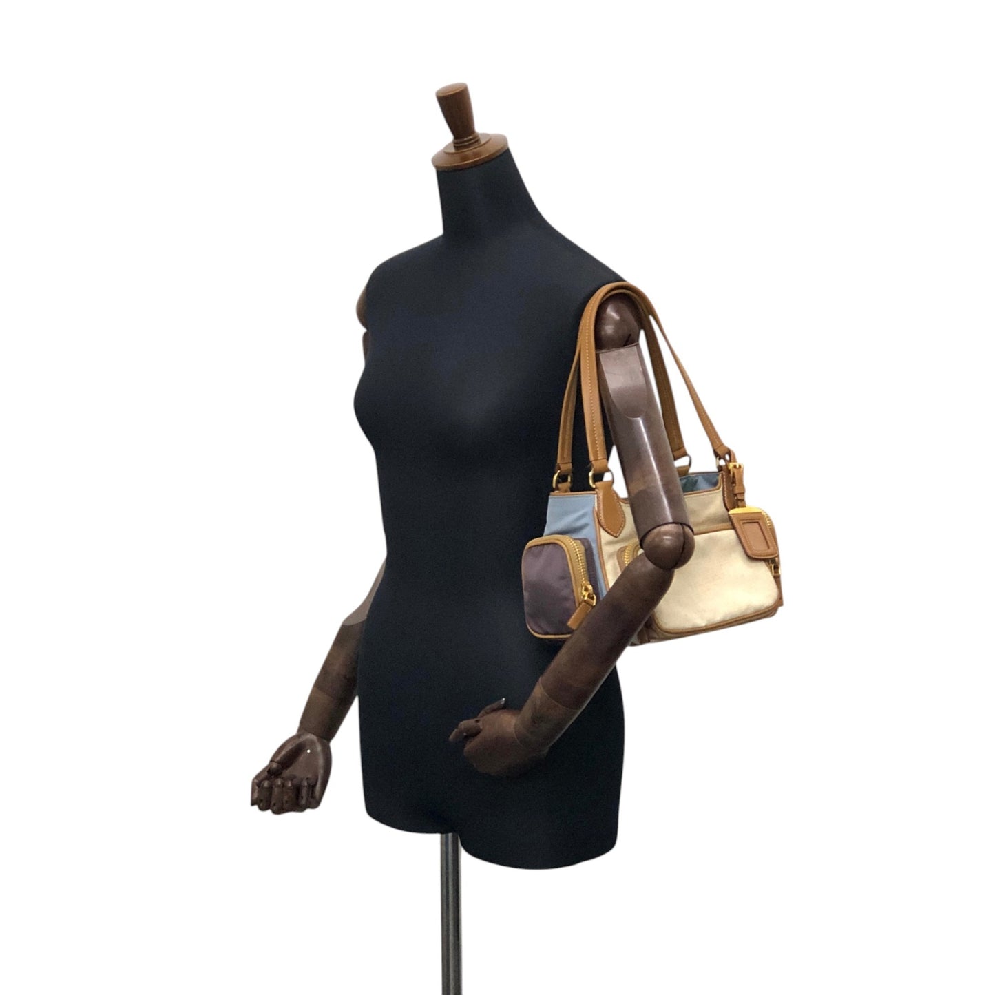 PRADA Triangle Logo Multi Pocket Handbag Totebag Beige×Blue Vintage fkki3a