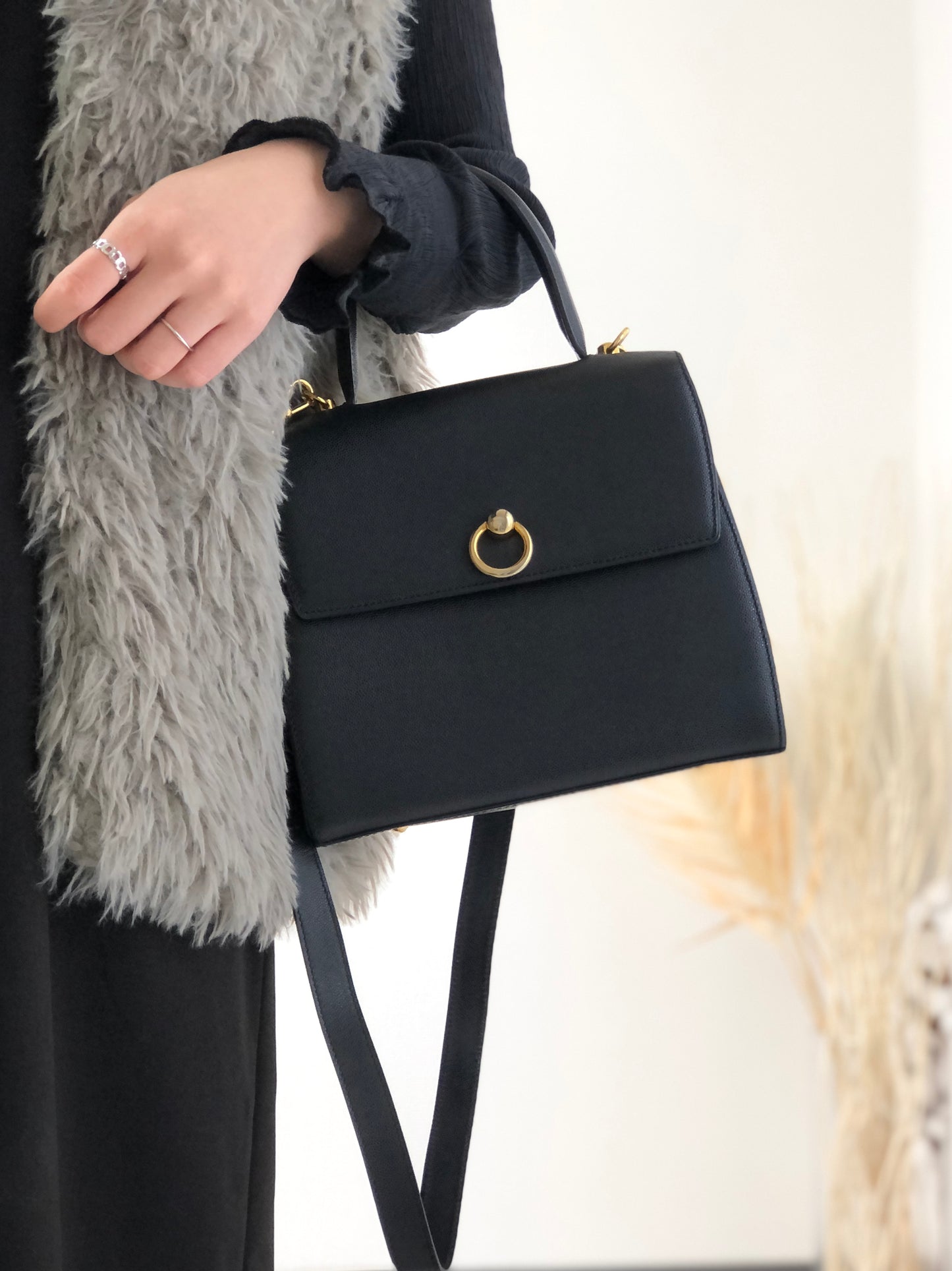 CELINE Gancini  Leather Two-way Handbag Shoulder bag Black Vintage hkng4u