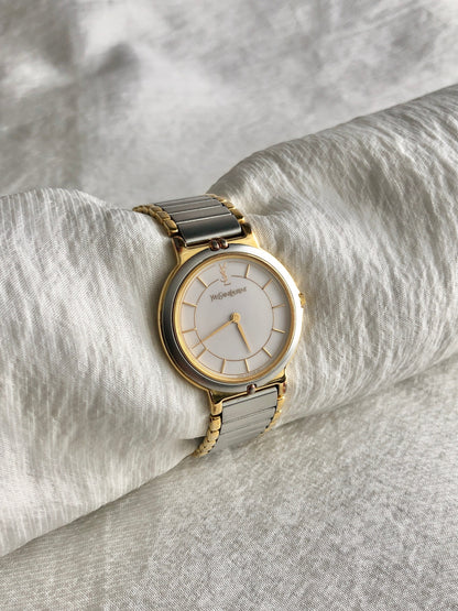 Yves Saint Laurent YSL Logo Quartz Watch Silver×Gold 2823-268440 Yo Vintage zdikrb
