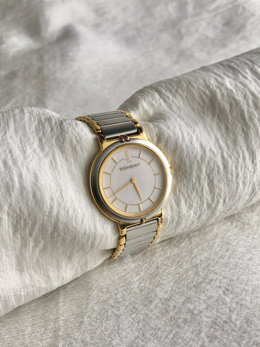 Yves Saint Laurent YSL Logo Quartz Watch Silver×Gold 2823-268440 Yo Vintage zdikrb