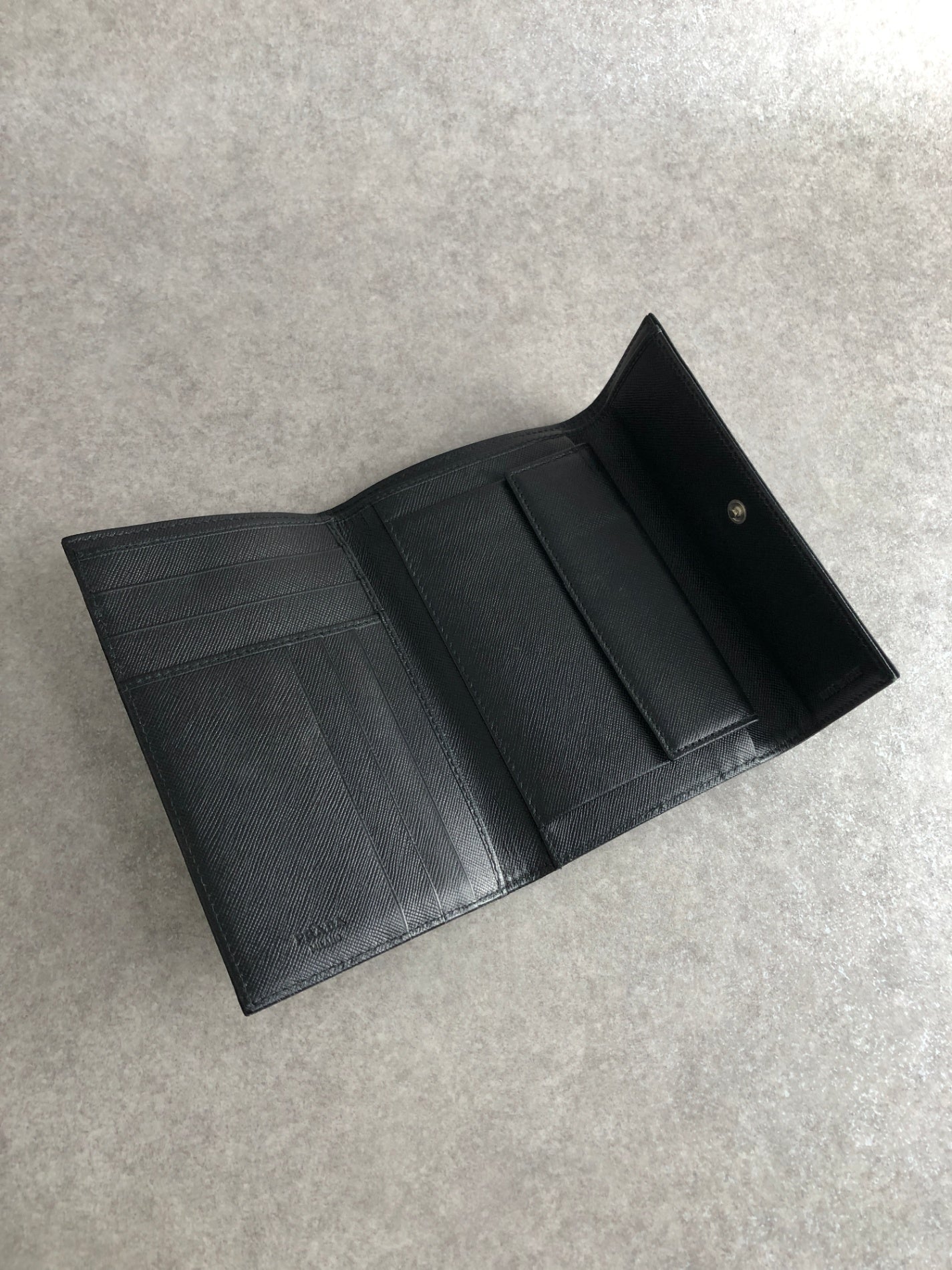 PRADA Triangle Logo Trifold Wallet Black Vintage vdir46