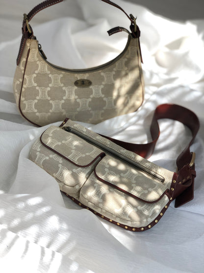 CELINE Paris Macadam 帆布皮革肩背包斜背包米色復古 xc3b36 