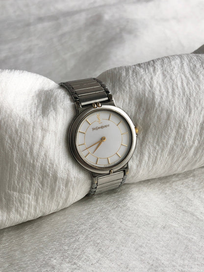 Yves Saint Laurent YSL Logo Quartz Watch Silver 4620-E62275 Vintage h6ftf2