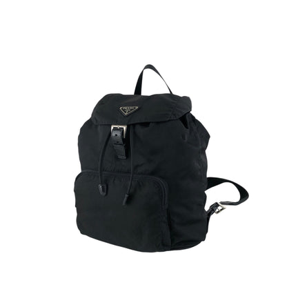 PRADA Tessuto Triangle Logo Front Buckle Backpack Black Vintage vwh35w
