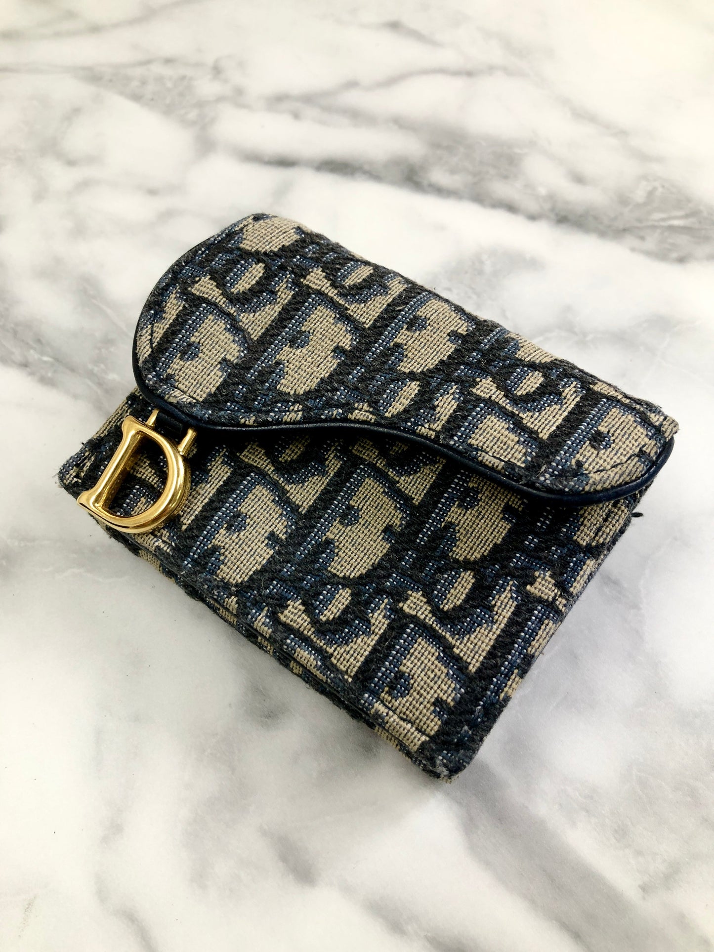 Christian Dior Oblique Jacquard Leather Trifold Wallet Navy Vintage ybv7tj