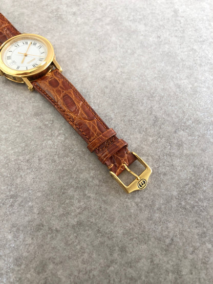GUCCI Logo Watch Gold×Brown Vintage 4aruag