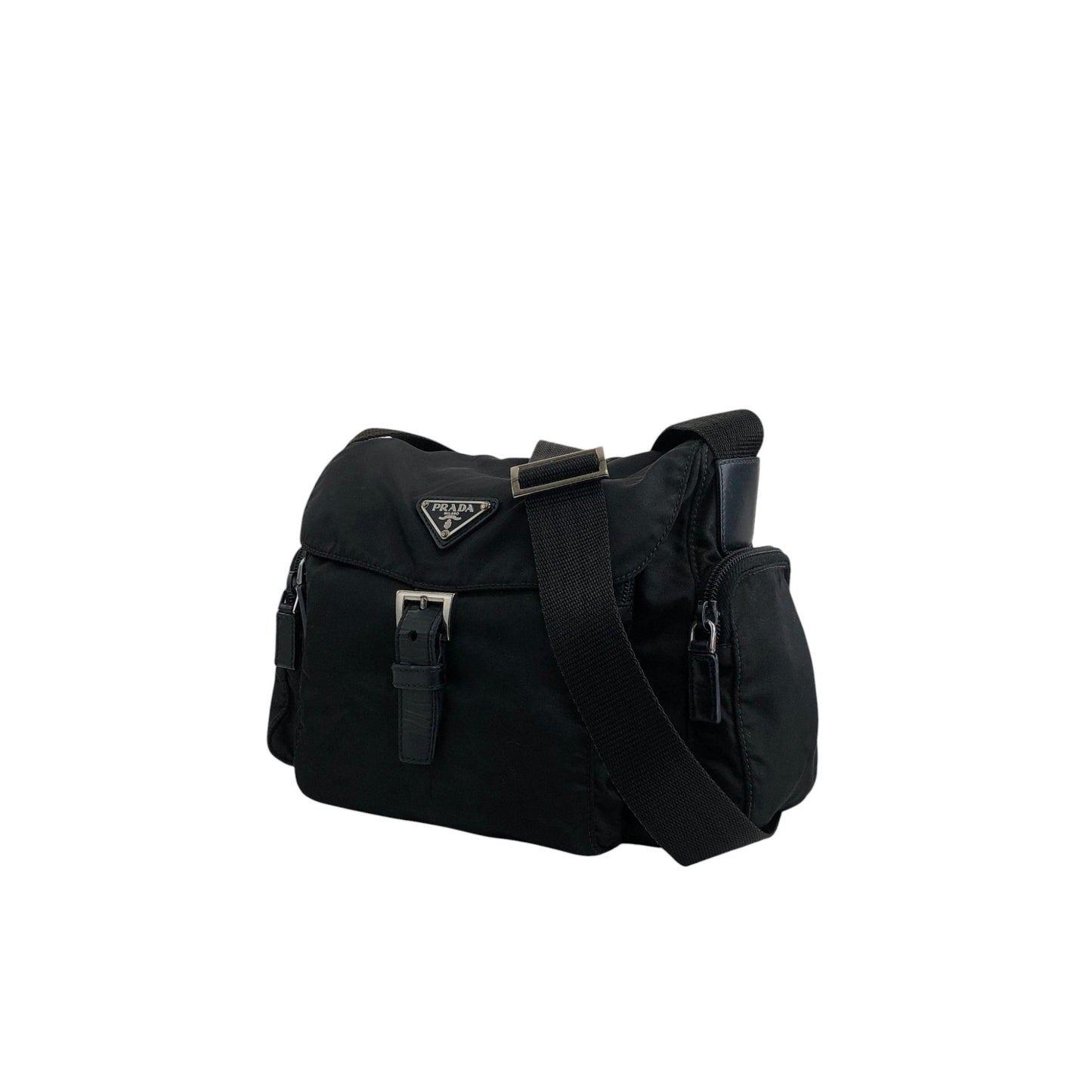 PRADA Tessuto Triangle Logo Front Buckle Side Pocket Shoulder bag Black Vintage 75anhg