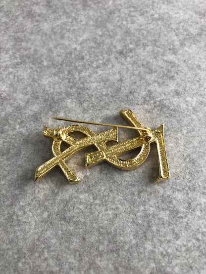 Yves Saint Laurent YSL Logo Rhinestone Brooch Gold Vintage 6w4tg3