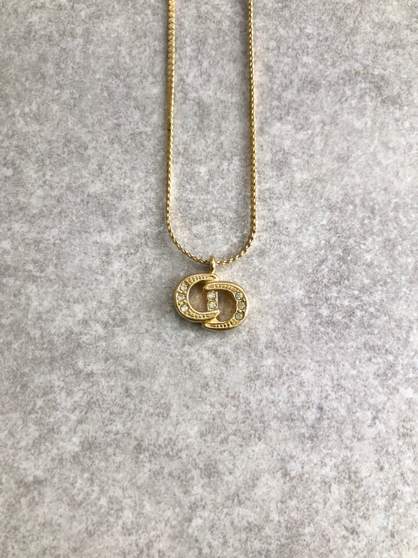 Christian Dior CD Logo Rhinestone Necklace Gold Vintage bzd654
