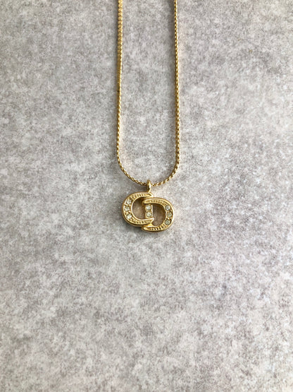 Christian Dior CD Logo Rhinestone Necklace Gold Vintage bzd654