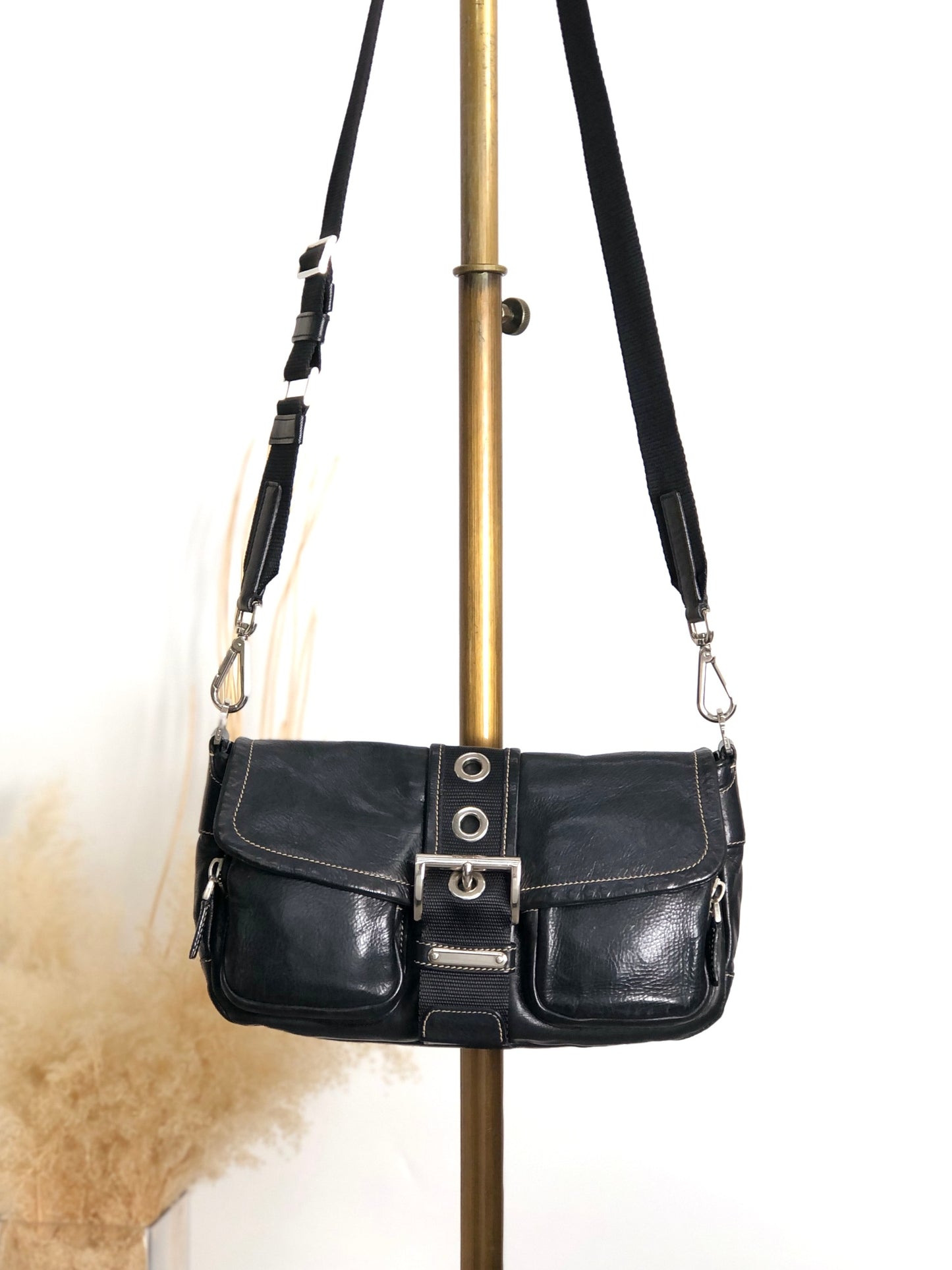 PRADA Triangle Logo Double Pocket Shoulder bag Black Vintage 5hm2yf