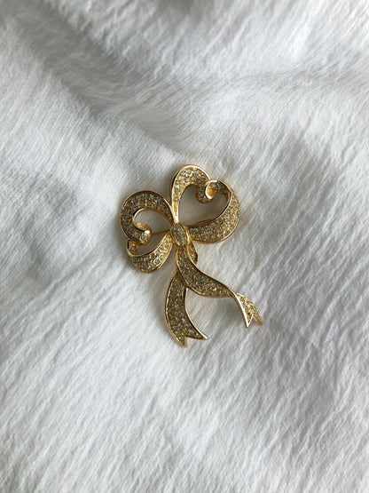 Christian Dior Ribbon Motif Rhinestone Brooch Gold Vintage ij6mfc