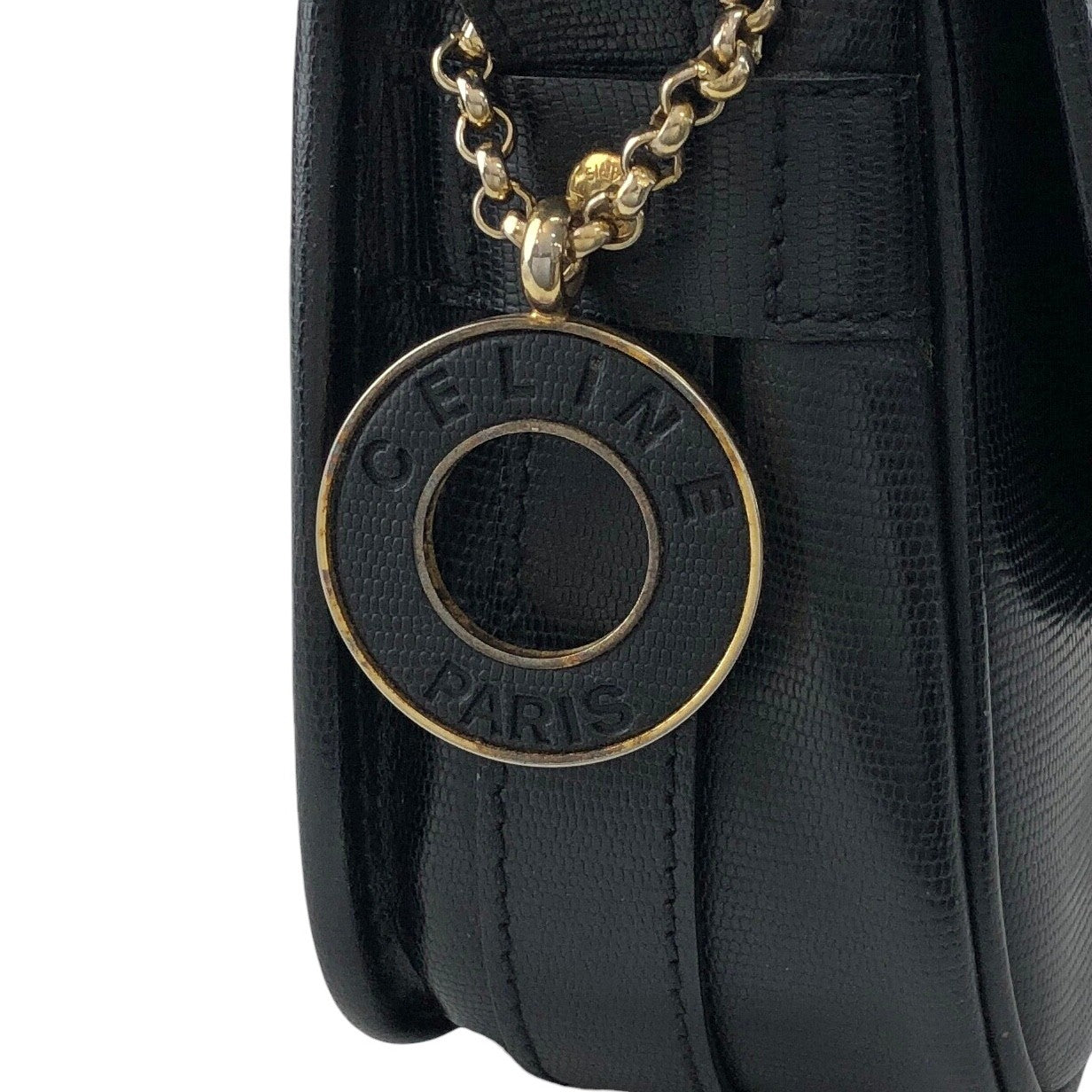 CELINE Front Buckle logo Charm Shoulder bag Black Vintage tpxej8